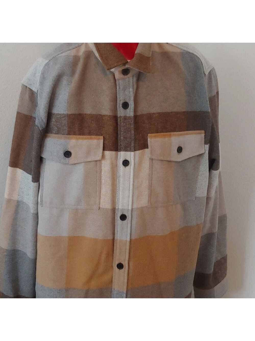 Men's Plaid Polyester Blend Button Shirt Brown, Tan, XL - Picture 2 of 15